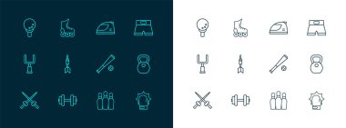 Kısa çizgi boks, Beyzbol sopası, top, bovling pimi, dart oku, yarış kaskı, golf tee ve paten ikonu. Vektör