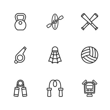 İp atlama, voleybol, sttopwatch, badminton servis horozu çapraz beyzbol sopası, ağırlık, kano ve raket ve ıslık simgesi. Vektör