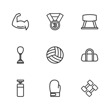 Çizgili boks eldiveni, spor çantası, Dumbbell, voleybol topu, Pommel atı, kaslarını gösteren vücut geliştirici, madalya ve yumruk ikonu. Vektör