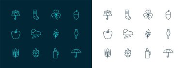 Palamut, Yaprak, Termos, Yağmurlu ve Güneşli Bulut, Clover, Şemsiye damlaları ve Çorap ikonu. Vektör