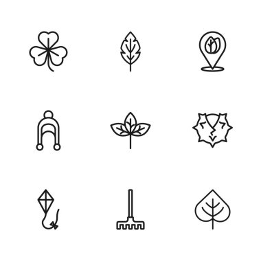 Bahçe tırmığı, Kestane, Yaprak, Yaprak, Yapraklı konum, Yonca ve Kış şapkası ikonu. Vektör