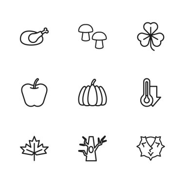 Sabit hat, Çıplak Ağaç, Termometre, Kestane, Balkabağı, Yonca, Kızarmış Hindi veya Tavuk, Mantar ve Elma ikonu. Vektör
