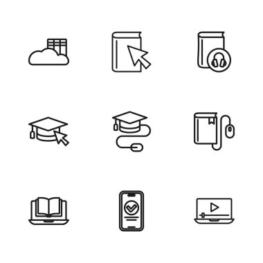 Online Quiz, test, anket, elektronik kitap, fare, video oyunu, mezuniyet kapağı, ses, bulut veya çevrimiçi kütüphane ve imleç simgesi. Vektör