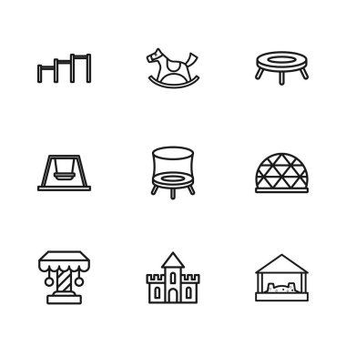 Çizgi Kum Kalesi, Oyun Alanı tırmanma ekipmanları kumlu kum havuzu trambolin atlama trambolini, yatay spor barı at eyeri salıncak ve çocuklar için salıncak. Vektör