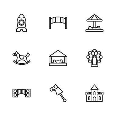 Oyuncak at, dönme dolap, kumdan kale, kumlu kum havuzu, roket gemi oyuncağı, oyun parkı çocuk köprüsü ve eyerde sallanan at ikonu. Vektör