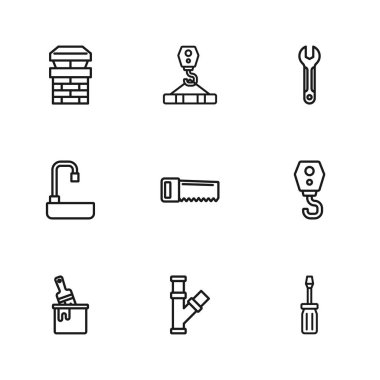 Metalik boru, vinç kancası, tornavida, el testeresi, İngiliz anahtarı, baca ve lavabo simgesi. Vektör