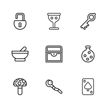 Sihirli değnek, iksirli şişe, oyun kartları, antik hazine sandığı, eski sihirli anahtar, açık asma kilit, ortaçağ kadehi ve cadı kazanı ikonu. Vektör