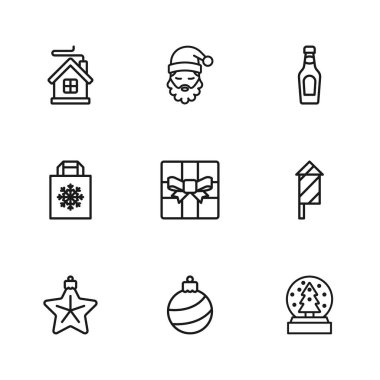 Sabit bir Noel balosu, Havai fişek roketi, kar küresi, hediye kutusu, şampanya şişesi, Merry house, Noel Baba şapkası ve sakal ve alışveriş çantası ikonu. Vektör