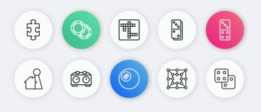 Bilardo bilardo topu, Domino, masa oyunu için çip, masa, çapraz bulmaca, zar oyunu ve satranç saati ikonu. Vektör