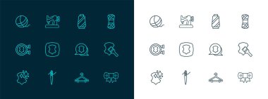 İplik, iplik, deri, elbise dolabı, makara, top ve makine simgesiyle dikiş dikmek için iğne ipliği ayarlayın. Vektör