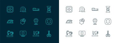 Çizgi dikiş ipliğini makaraya, deriye, makineye, mezura ölçüsüne, kıyafet ve simgeye ayarla. Vektör