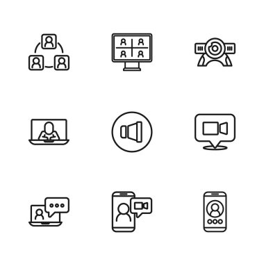 Hat görüntülü sohbet konferansı, Hoparlör sesi, Web kamerası, Toplantı ve ikon ayarlayın. Vektör