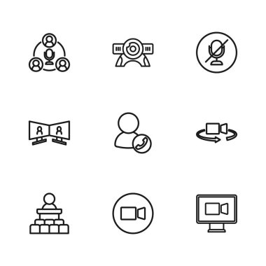 Görüntülü sohbet konferansı ayarla, 360 derecelik görüş, sessiz mikrofon, toplantı, web kamerası ve ikon. Vektör
