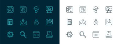 Satır Reklamcılığı, Büyüteç, Finansal Büyütme Doları, SEO optimizasyonu, Posta ve e-posta, Ampul, Pazar Analizi ve Tarayıcı ayarı simgesi. Vektör