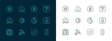 Hattı Fahrenheit, Uydu, Ay ve yıldızlar, Su damlası, Gündüz döngüsü, Pusula güney, kuzey ve Bulut 'u yağmur ikonu ile ayarla. Vektör