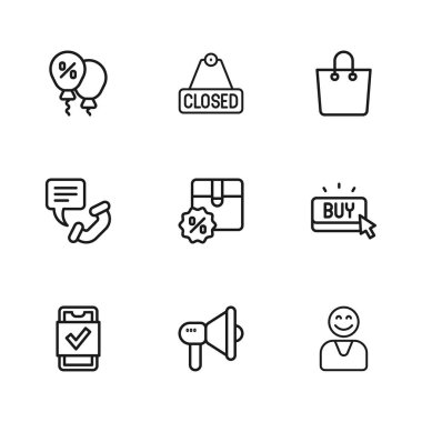 Megaphone, Buy düğmesi, Happy müşteri, indirimli karton kutu, kağıt alışveriş torbası, indirimli yüzde etiketi, asma işareti mesajı kapatıldı ve telefon 24 saat destek ikonu. Vektör