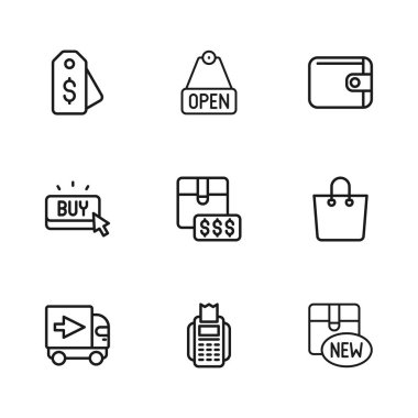 POS terminalini, kağıt alışveriş poşetini, yeni koleksiyonu, dolar, cüzdan, fiyat, asma ve satın alma simgesini ayarla. Vektör