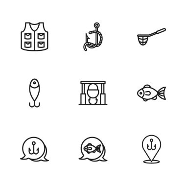 Olta, balık oltası, kamp ateşi ve çömlek, ağ, ceket, solucan ve yem ikonu. Vektör