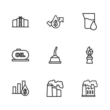 Petrol ve doğalgaz endüstrisi, yangın teçhizatı, motor yağı, benzin test tüpü, depolama, fiyat artışı ve ikon için kapsül. Vektör