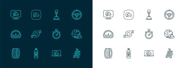 Yarış direksiyonu, nitrojen oksit, kask, otomotiv turbo şarj aleti, vites kolu ve ikon. Vektör