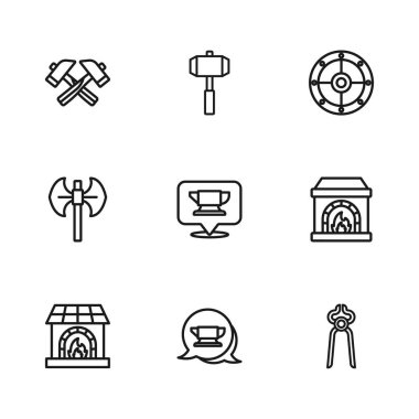 Demirci örs aleti, fırın, kerpeten, yuvarlak kalkan, çapraz çekiç, balyoz ve ortaçağ kutup ikonu. Vektör