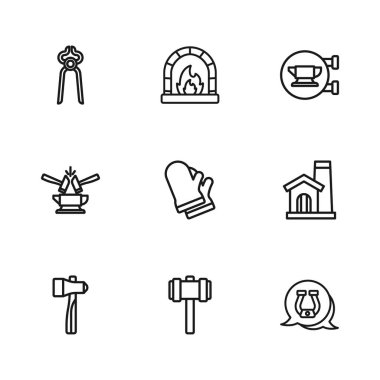 Balyoz, Demirci atölyesinin içi, Nal, Koruyucu eldivenler, Demirci örs aleti, pense, fırın, Anvil ve ikon. Vektör