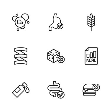 Bağırsak, diyet planı, hamburger yok, şekersiz, buğday, kalsiyum, mide sağlığı ve spor protein ikonu. Vektör