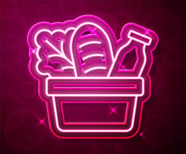 Parlayan neon hattı kağıt alışveriş torbası ve kırmızı arka planda izole edilmiş yiyecek ikonu. Yiyecek dükkanı, süpermarket. Vektör