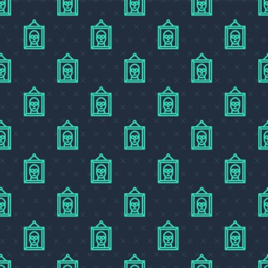 Yeşil çizgi Resim simgesi mavi arkaplanda izole edilmiş pürüzsüz desen. Vektör