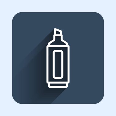 Beyaz çizgi kalem simgesi uzun gölge arkaplanı ile izole edildi. Mavi kare düğme. Vektör