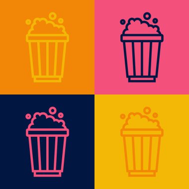 Popüler sanat eseri patlamış mısırı renkli arka planda izole edilmiş karton kutu simgesinde. Patlamış mısır kutusu. Vektör