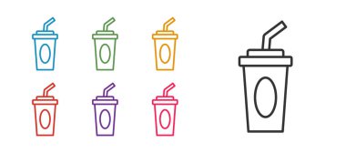 Beyaz arka planda izole edilmiş kamış ve su ikonu içeren çizgi kağıt bardak. Soda bardağı. Taze soğuk içecek sembolü. Simgeleri renklendirin. Vektör