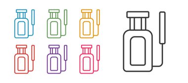 Su, gübre ve beyaz arka planda izole edilmiş kimyasal ikon için sınır çizgisi spreyi. Simgeleri renklendirin. Vektör