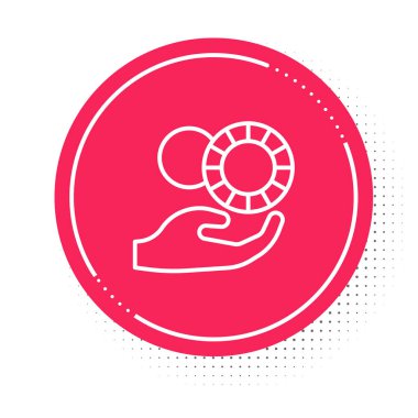 Beyaz Çizgili El, beyaz arka planda izole edilmiş kumarhane fişleri simgesini tutuyor. Kumarhane kumarı. Kırmızı daire düğmesi. Vektör