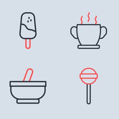 Sıcak çorba kasesi, havan topu ve tokmak, lolipop ve dondurma ikonu. Vektör