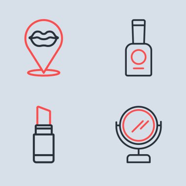 Oje şişesi, ruj, yuvarlak makyaj aynası ve gülen dudaklar ikonu. Vektör