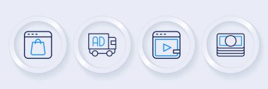 Set hattı Stacks kağıt para, video reklamcılık, reklam kamyonu ve online alışveriş ekranı simgesi. Vektör