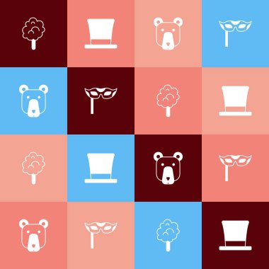 Pamuk helva, silindir şapka, ayı kafası ve şenlik maskesi ikonu koyun. Vektör