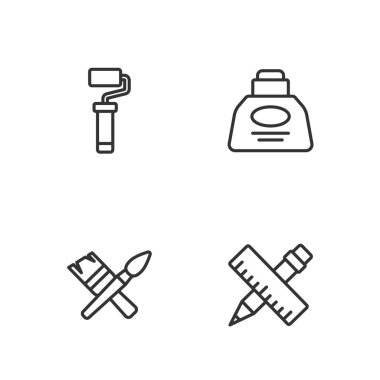 Çizgi çizgisi çapraz cetvel ve kalem, boya fırçası, paten ve Inkwell simgesi. Vektör