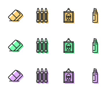 Çizim için resim, silgi ya da kauçuk, balmumu boya kalemleri ve kalem simgesini ayarlayın. Vektör