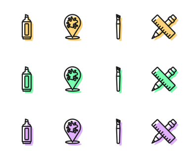 Çizgi fırçası, işaret kalemi, sprey, çapraz cetvel ve kalem simgesi. Vektör