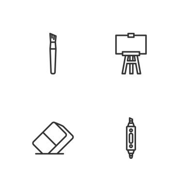 İşaretleyici kalem, silgi ya da kauçuk, boya fırçası ve ahşap resim simgesi. Vektör