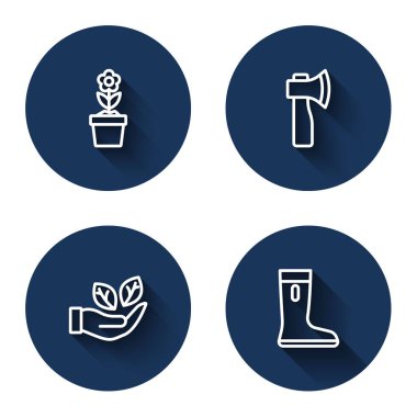 Saksıda çiçek, tahta balta, Yaprak el ve uzun gölgeli su geçirmez lastik bot. Mavi daire düğmesi. Vektör