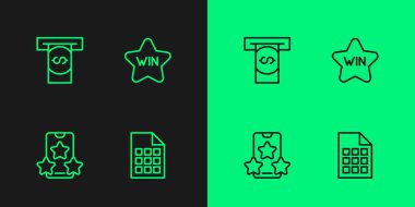 Piyango bileti, online spor bahisleri, otomatik veznedar makinesi ve para ve kumarhane ikonu kazandı. Vektör