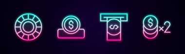 Kumarhane fişleri, dolarla para, otomatikleştirilmiş veznedar ve diğerleri. Parlayan neon ikonu. Vektör