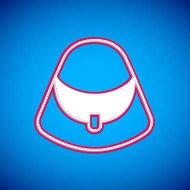 Mavi arkaplanda beyaz çanta simgesi izole edildi. Kadın el çantası işareti. Glamour günlük bagaj sembolü. Vektör