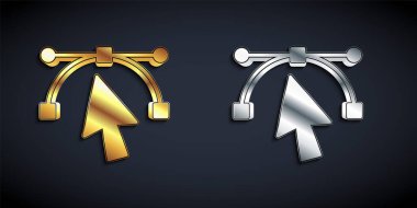 Siyah arkaplanda altın ve gümüş renkli Bezier eğrisi simgesi var. Kalem aracı simgesi. Uzun gölge tarzı. Vektör