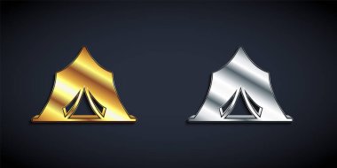 Siyah arkaplanda altın ve gümüş sirk ikonu var. Karnaval kamp çadırı. Eğlence parkı. Uzun gölge tarzı. Vektör