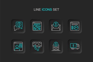 Zırhlı araç, banka binası, kağıt para yığını, video sohbet konferansı, pasta grafiği bilgileri, Envelope, Çevrimiçi alışveriş ekranı ve iş görüşmeleri simgesi. Vektör