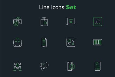 Satın alma listesi, mobil alışveriş, megafon, madalya, barkod, pasta grafiği bilgileri, mali kontrol ve kağıt torba ikonu. Vektör